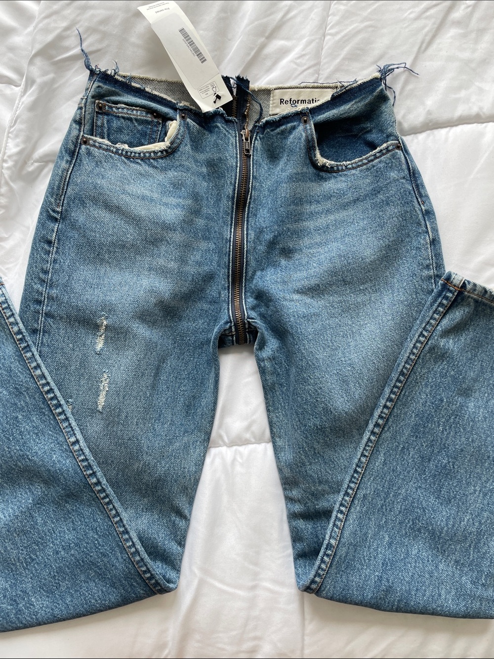 Reformation Medium Blue Zip-Front High-Rise Distressed Jeans